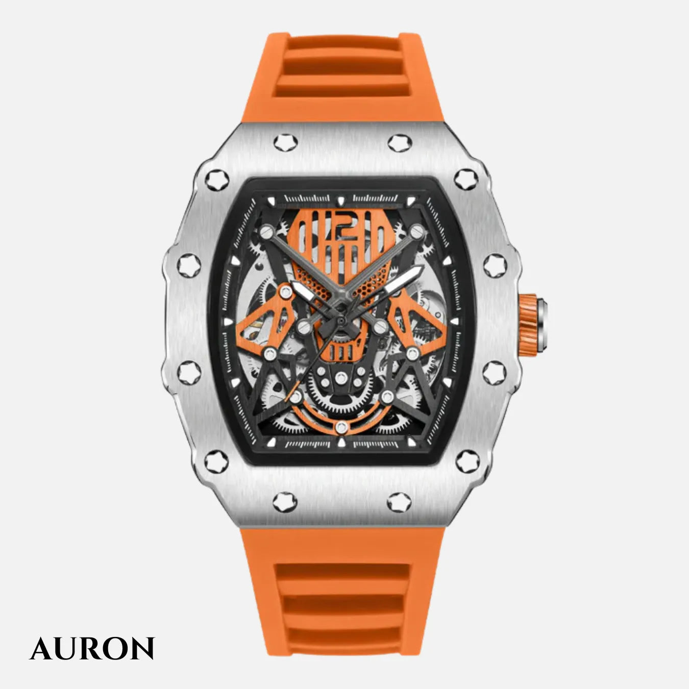 Skeleton Automatic Watch – Silver Case Orange Strap