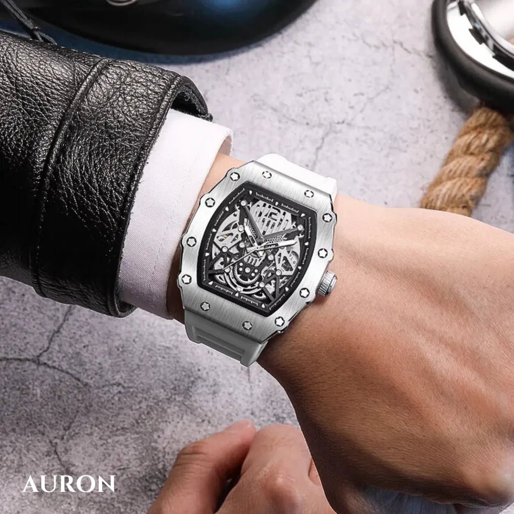 Skeleton Automatic Watch – Silver Case White Strap