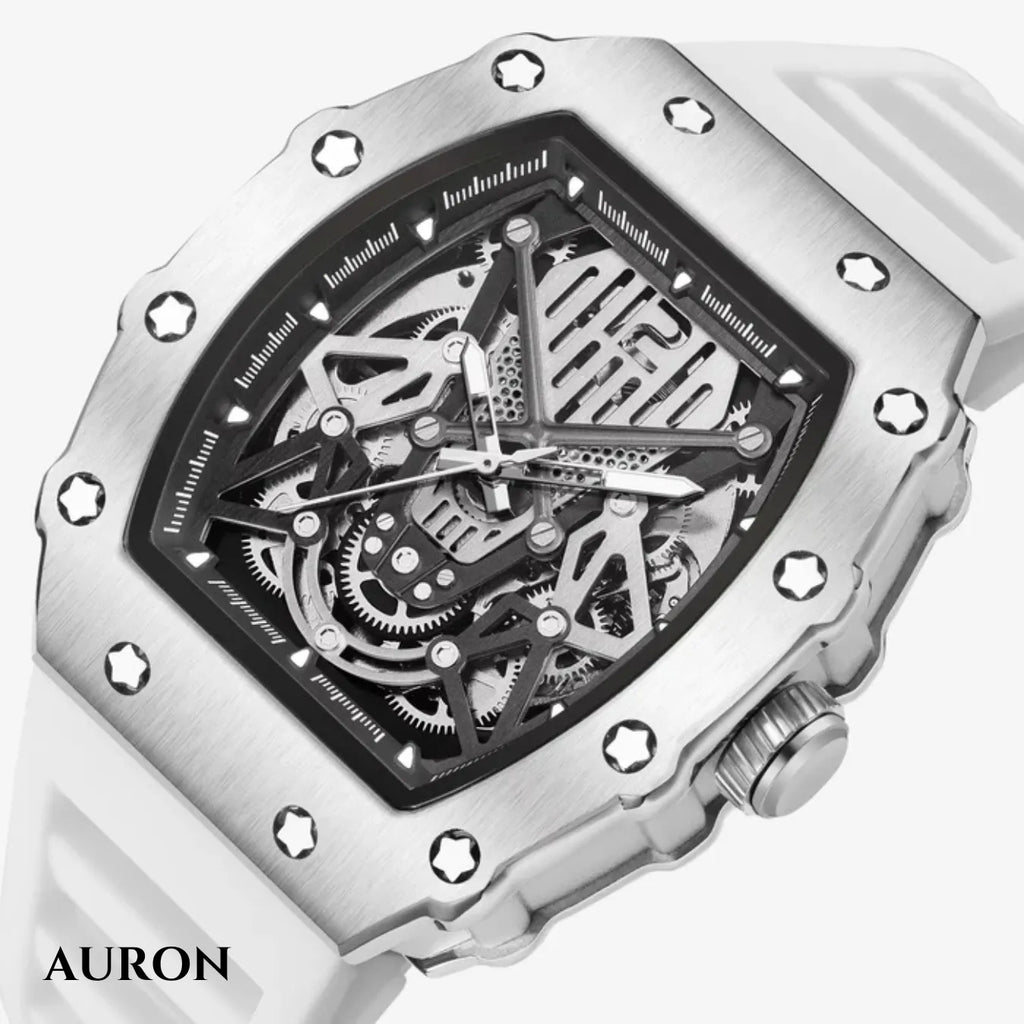 Skeleton Automatic Watch for Men – Silver Case White Strap