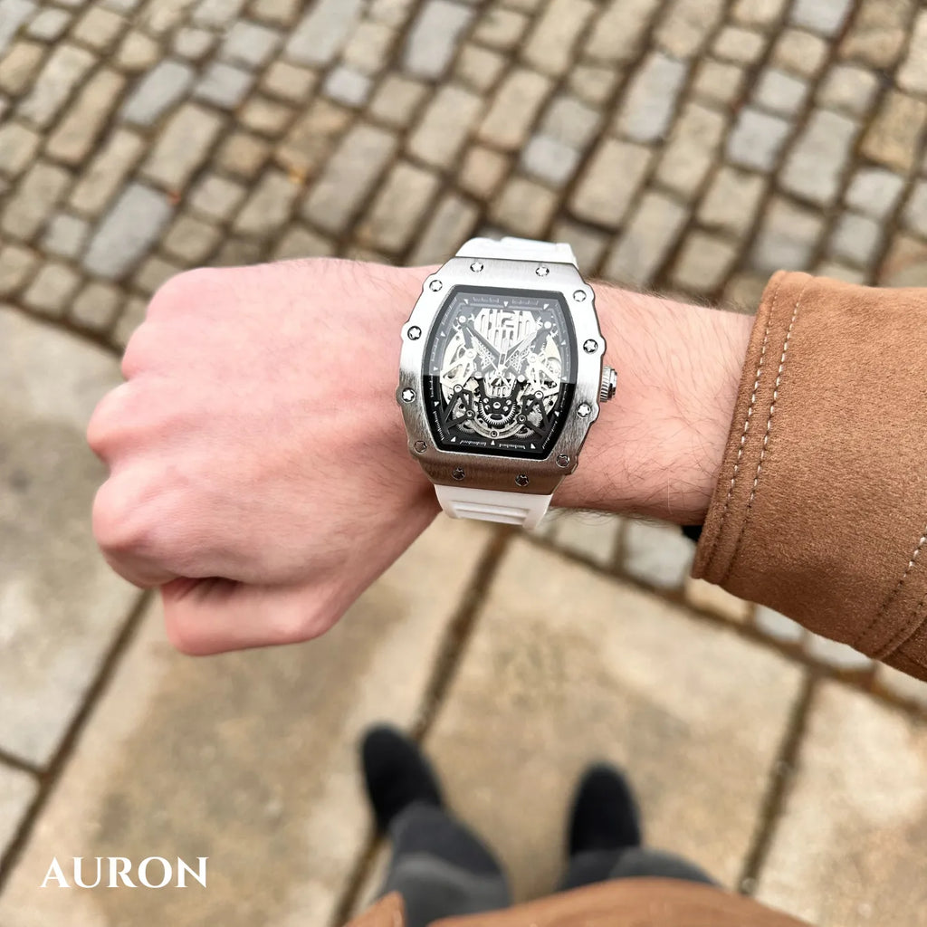 Skeleton Automatic Watch for Men – Silver Case White Strap