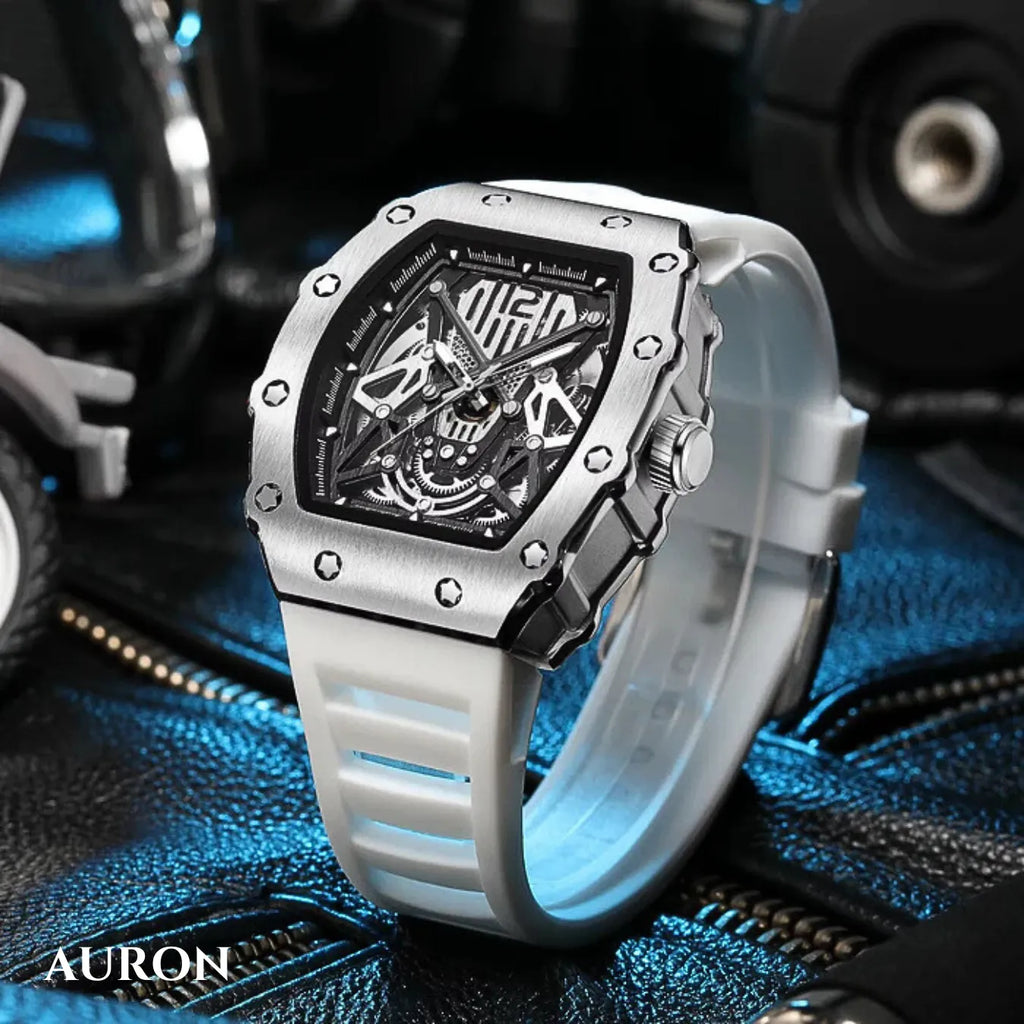 Skeleton Automatic Watch for Men – Silver Case White Strap